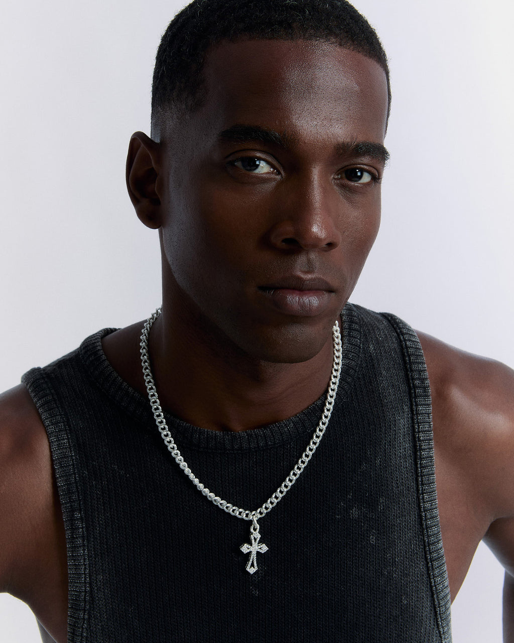 Bold Flat Chain Necklace with Gemstone Cross Pendant - 925k Sterling Silver