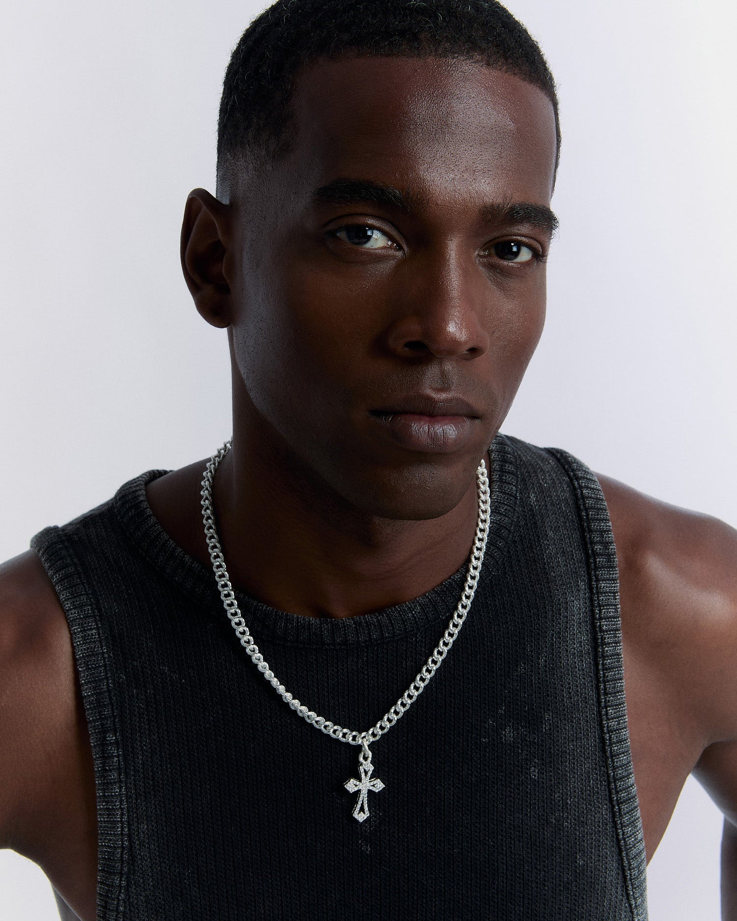 Bold Flat Chain Necklace with Gemstone Cross Pendant - 925k Sterling Silver