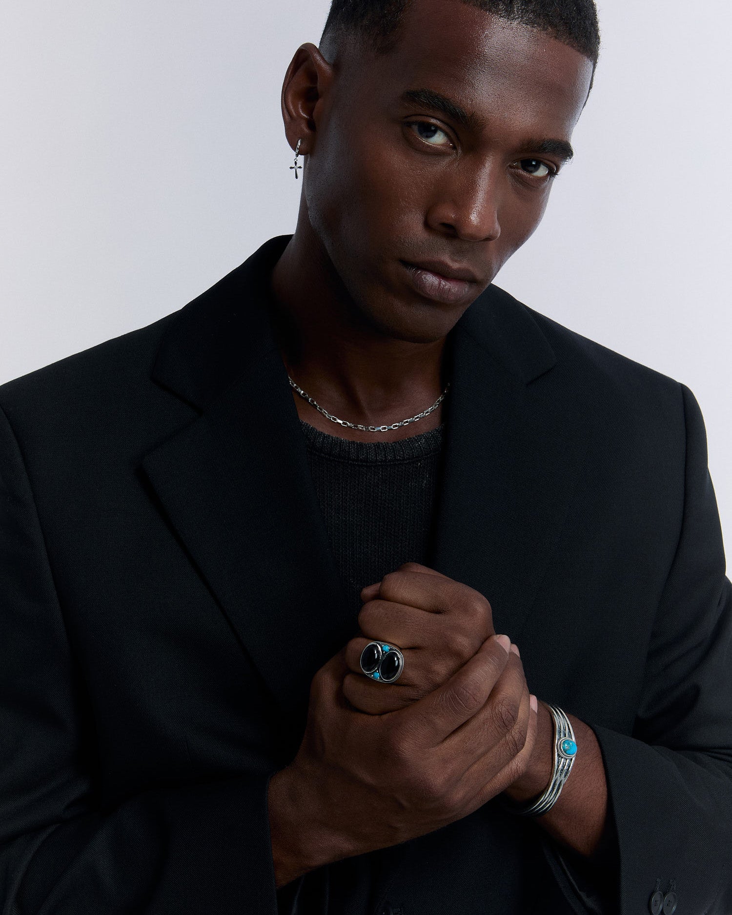 Men's Ring with Onyx Stone and Turquoise Detailing - 925k Sterling Silver