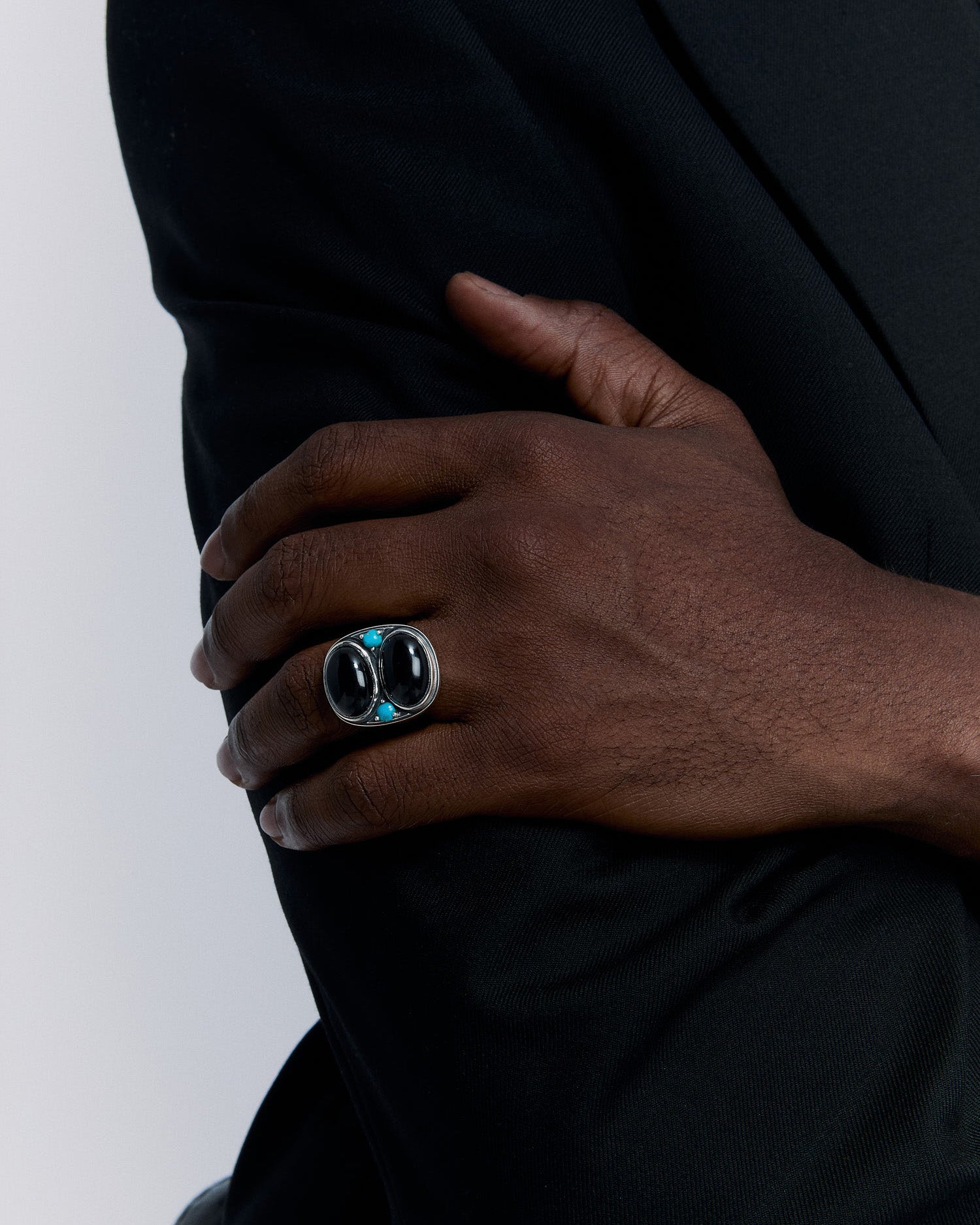Men's Ring with Onyx Stone and Turquoise Detailing - 925k Sterling Silver
