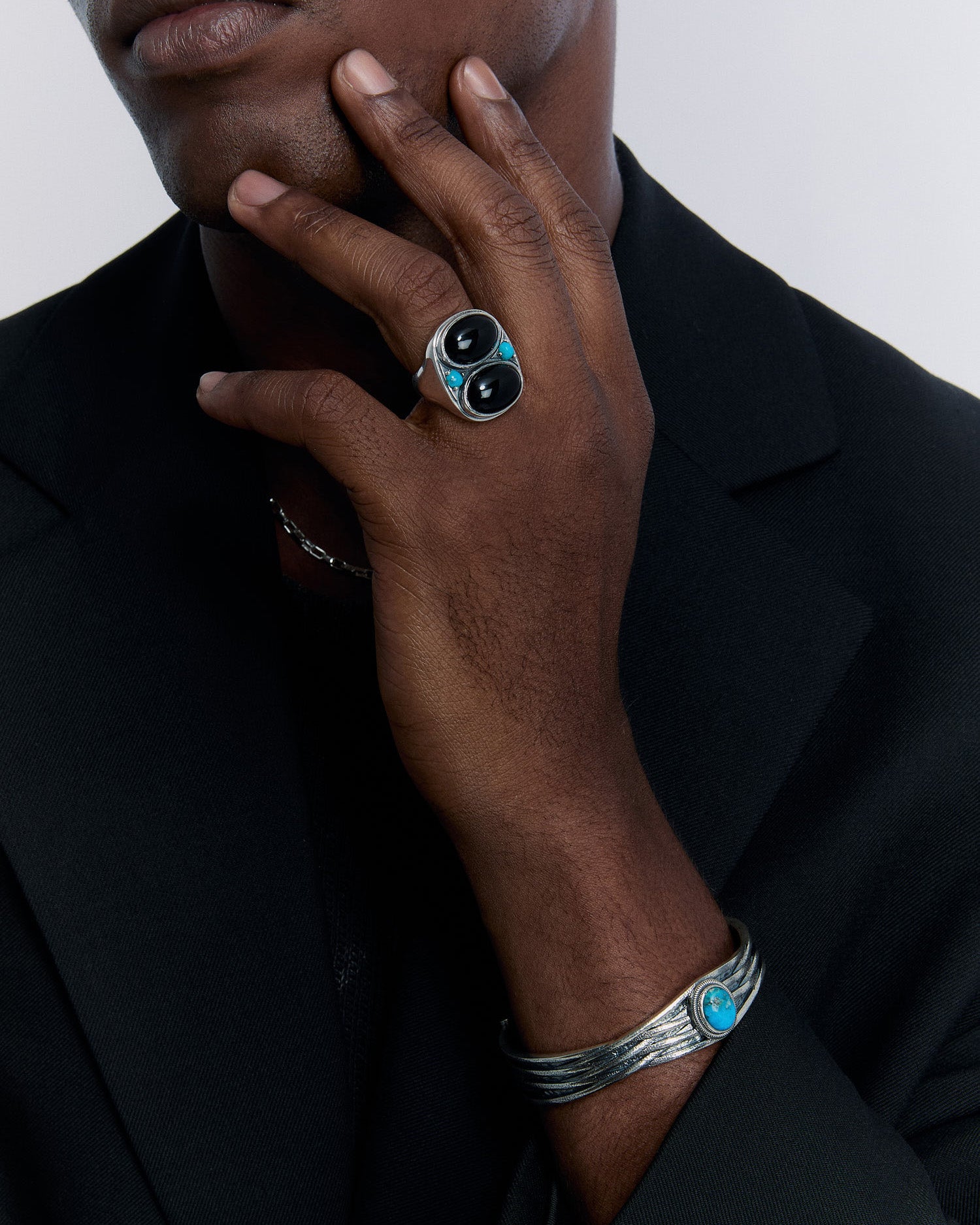 Men's Ring with Onyx Stone and Turquoise Detailing - 925k Sterling Silver