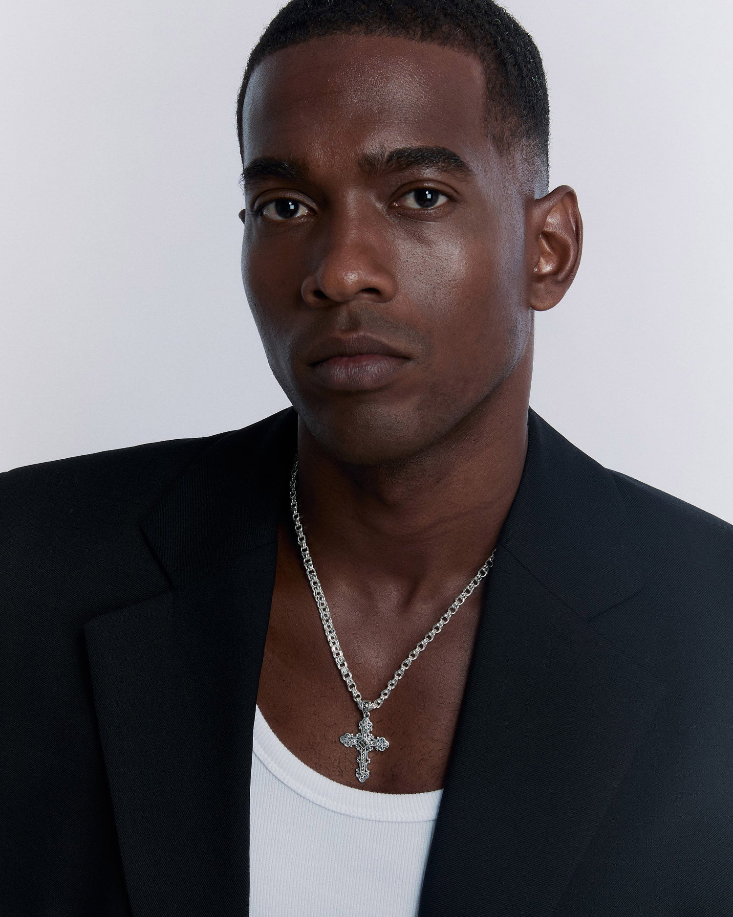 Engraved Cross Necklace with 4 Onyx Stone Details - 925k Sterling Silver