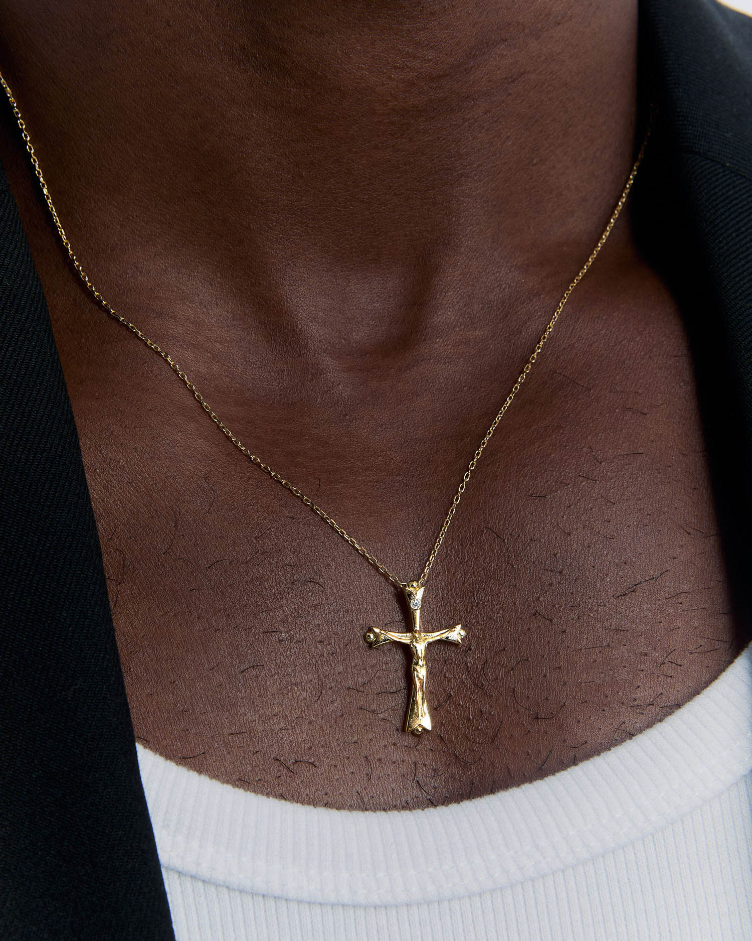 Stone Embellished Jesus Cross Necklace - 18k Gold Vermeil