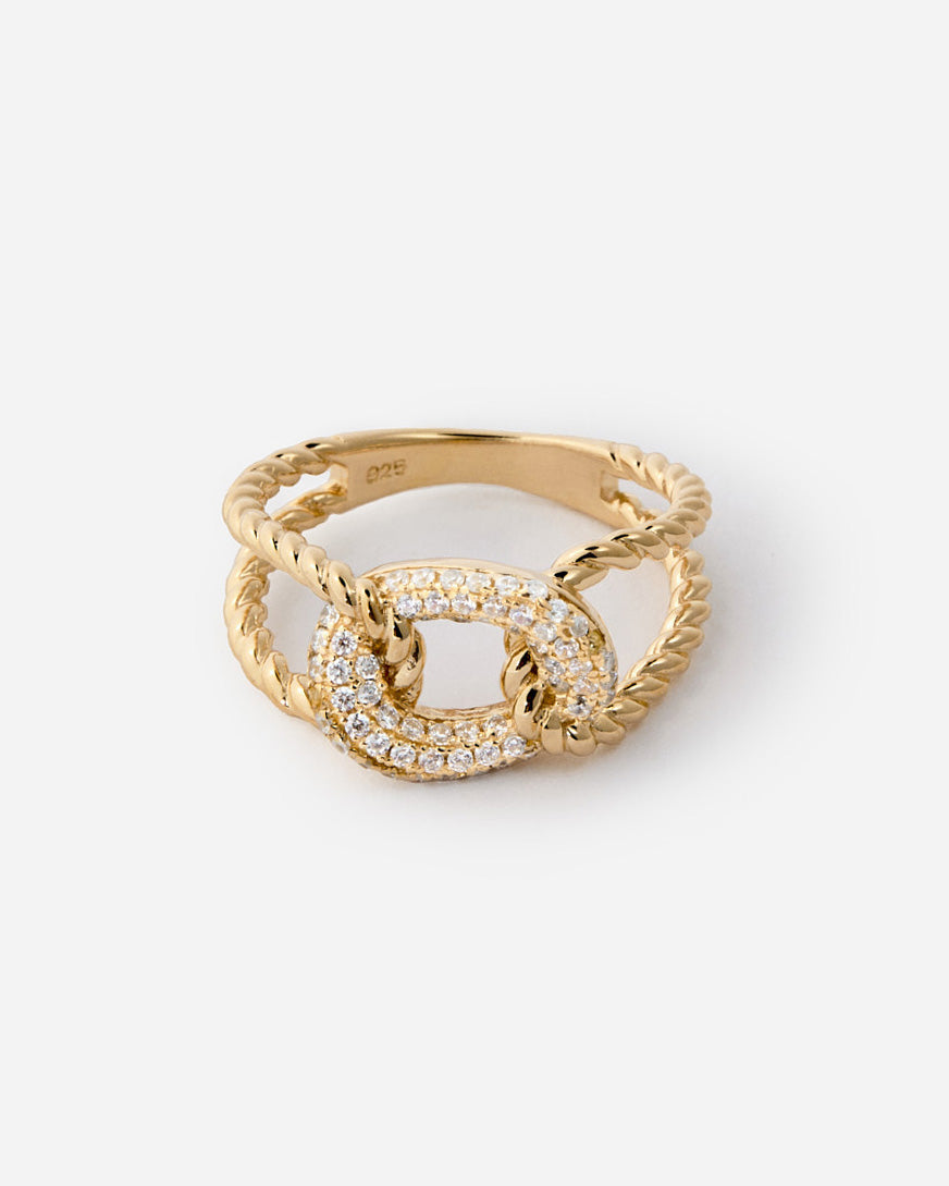 Rope Chain Link Ring with Pavé Gemstone - 14k Solid Gold