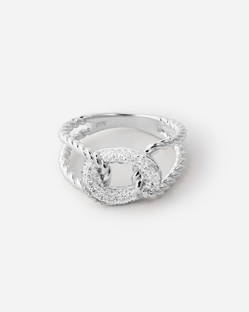Rope Chain Link Ring with Pavé Gemstone - 925k Sterling Silver