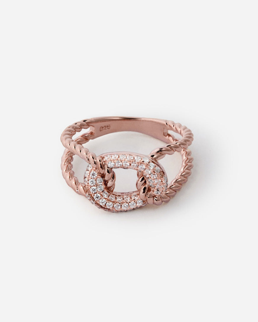Gold Rope Chain Link Ring with Pavé Gemstone - Modern Jewelry