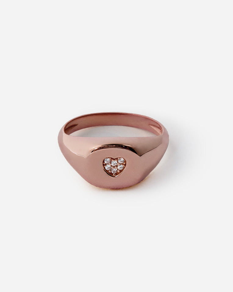 Heart Signet Ring with Accent, Minimalist Modern Design - Rose Gold Vermeil