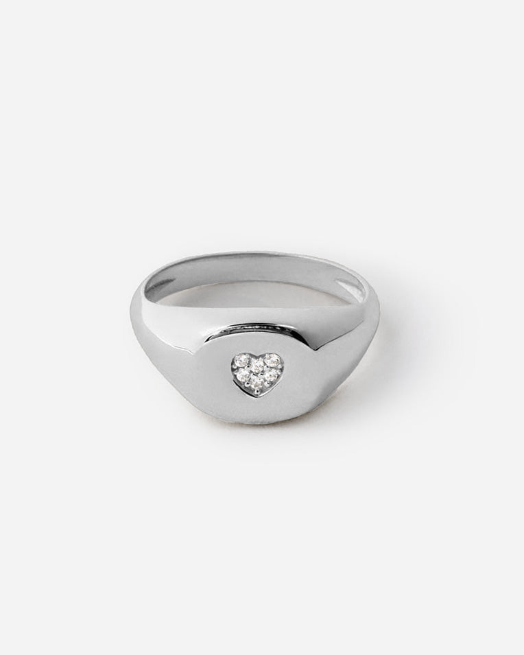 Heart Signet Ring with Accent, Minimalist Modern Design - 925k Sterling Silver