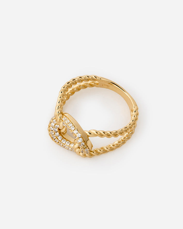 Rope Chain Link Ring with Pavé Gemstone - 14k Solid Gold
