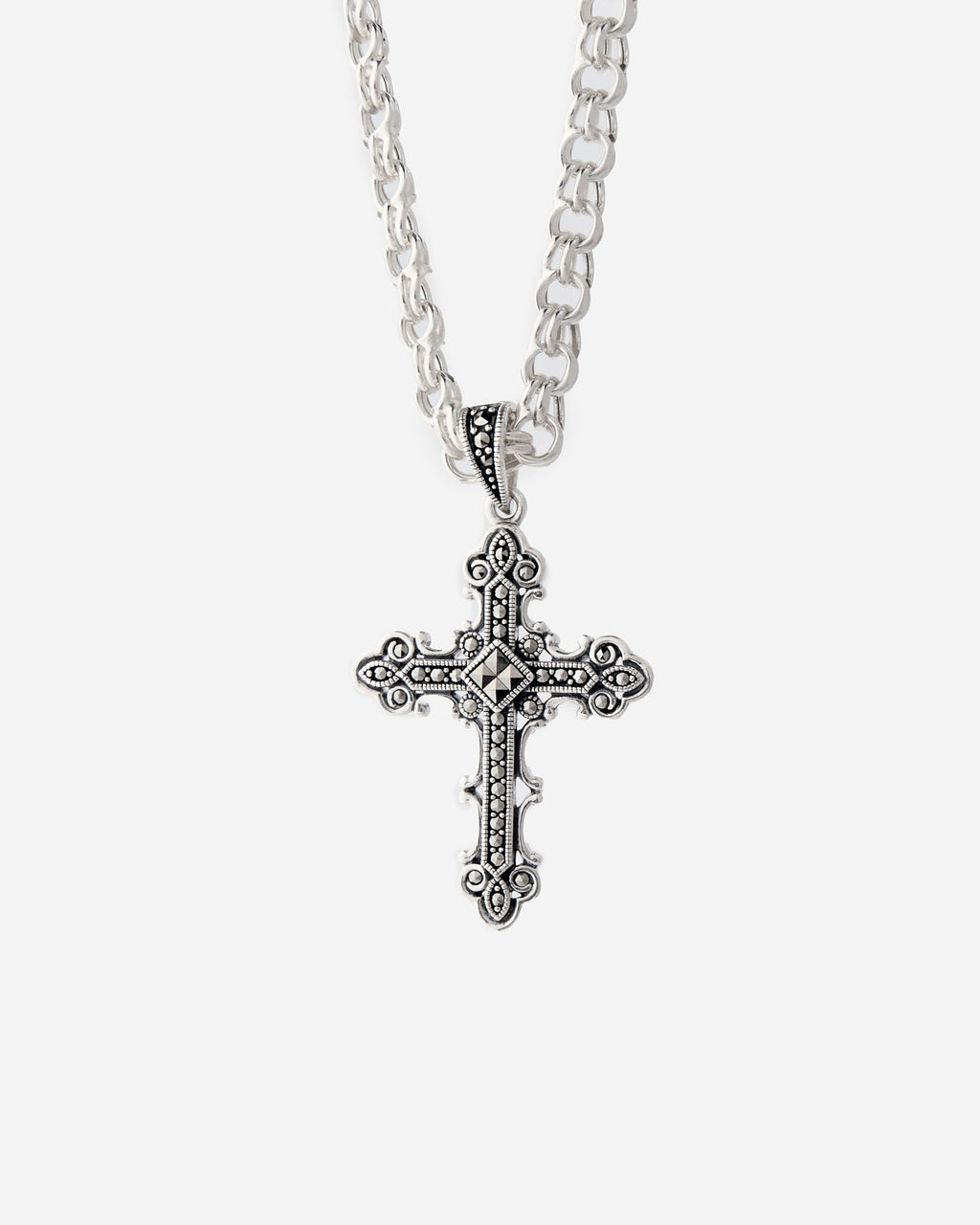 Engraved Cross Necklace with 4 Onyx Stone Details - 925k Sterling Silver