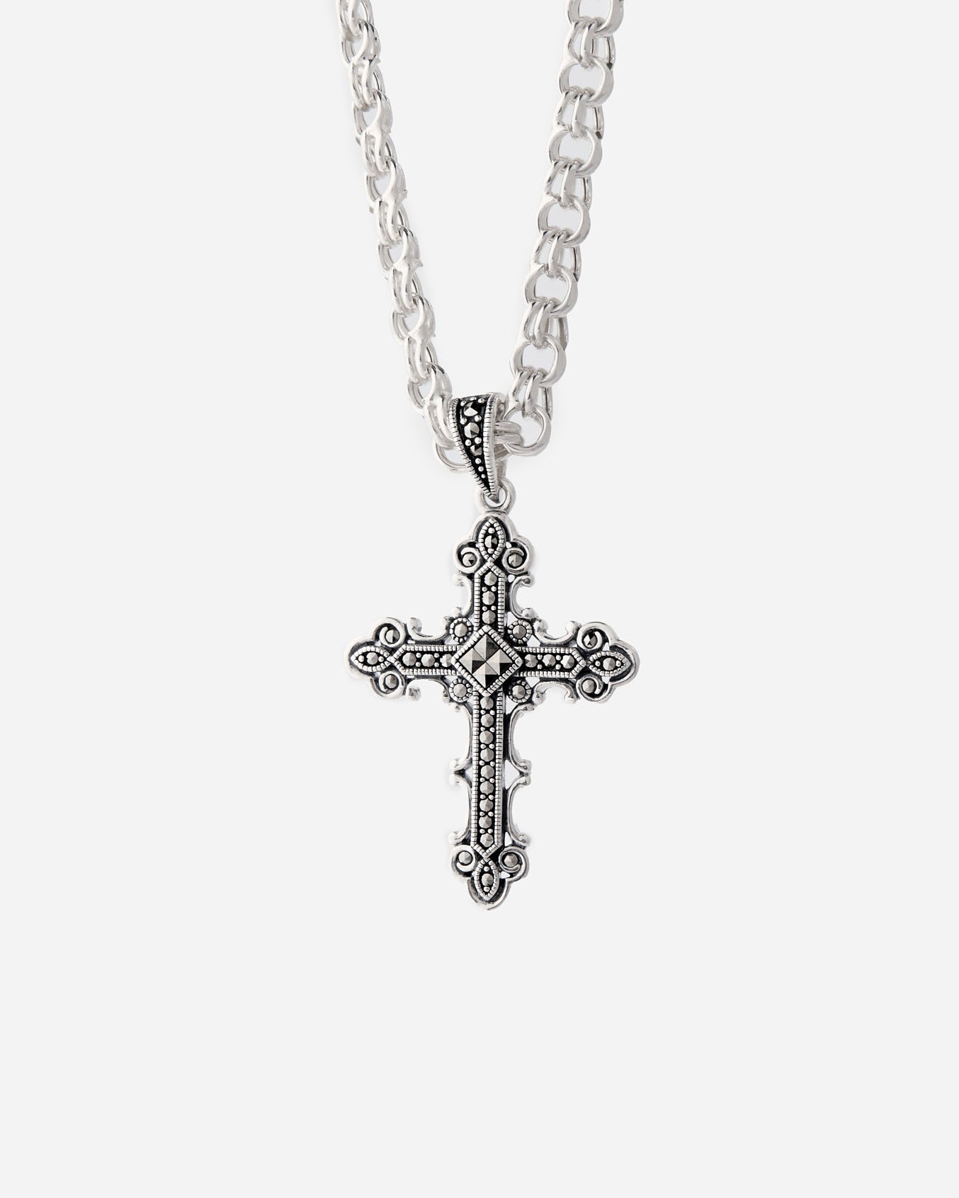 Engraved Cross Necklace with 4 Onyx Stone Details - 925k Sterling Silver