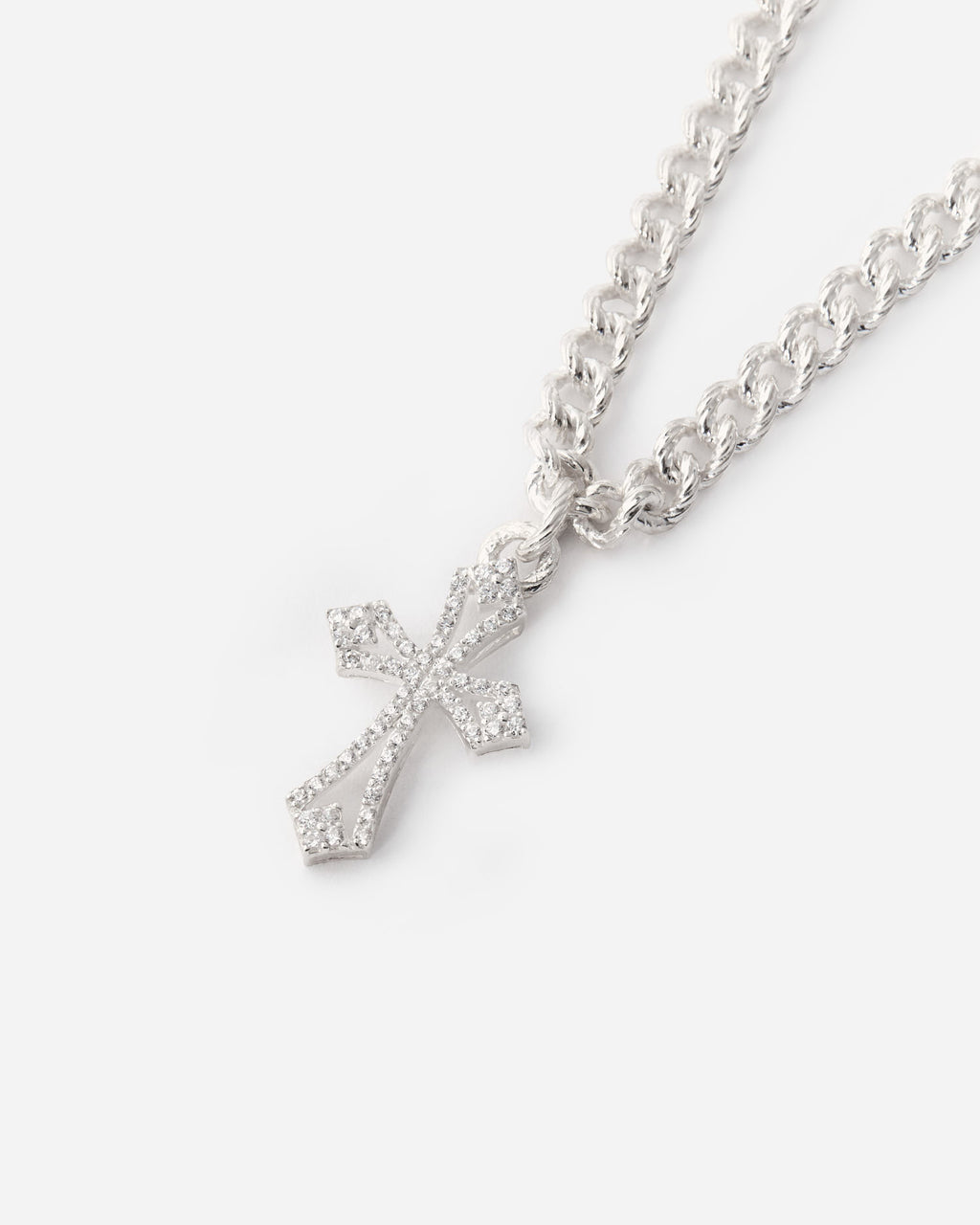 Bold Flat Chain Necklace with Gemstone Cross Pendant - 925k Sterling Silver