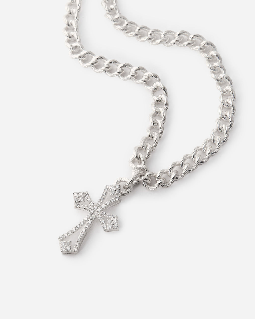 Bold Flat Chain Necklace with Gemstone Cross Pendant - 925k Sterling Silver