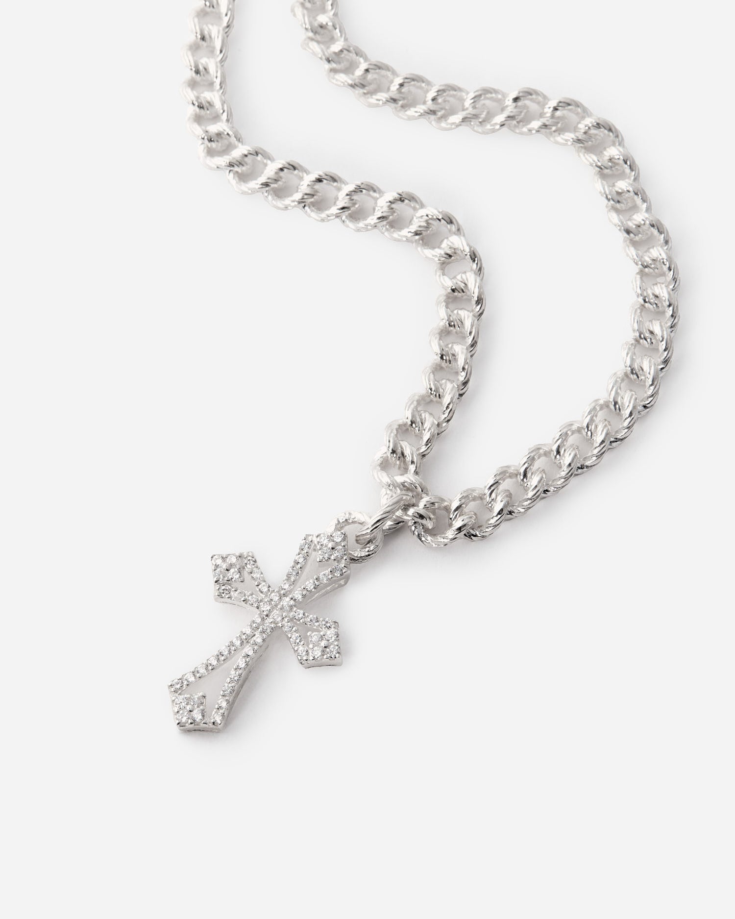 Bold Flat Chain Necklace with Gemstone Cross Pendant - 925k Sterling Silver