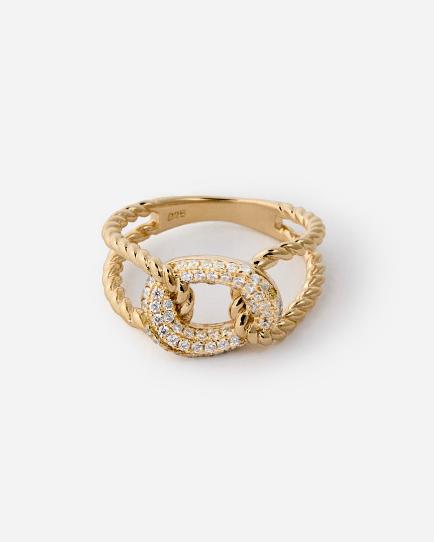Gold Rope Chain Link Ring with Pavé Gemstone - 18k Gold Vermeil