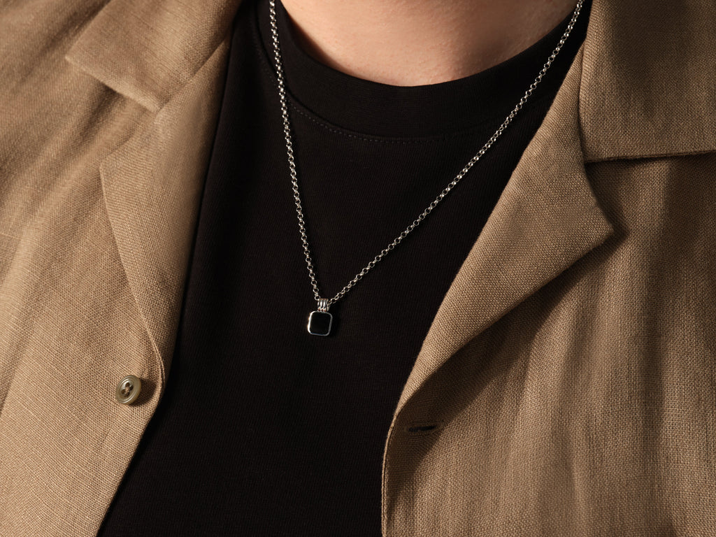Black Enamel Square Pendant Necklace - Gold Vermeil