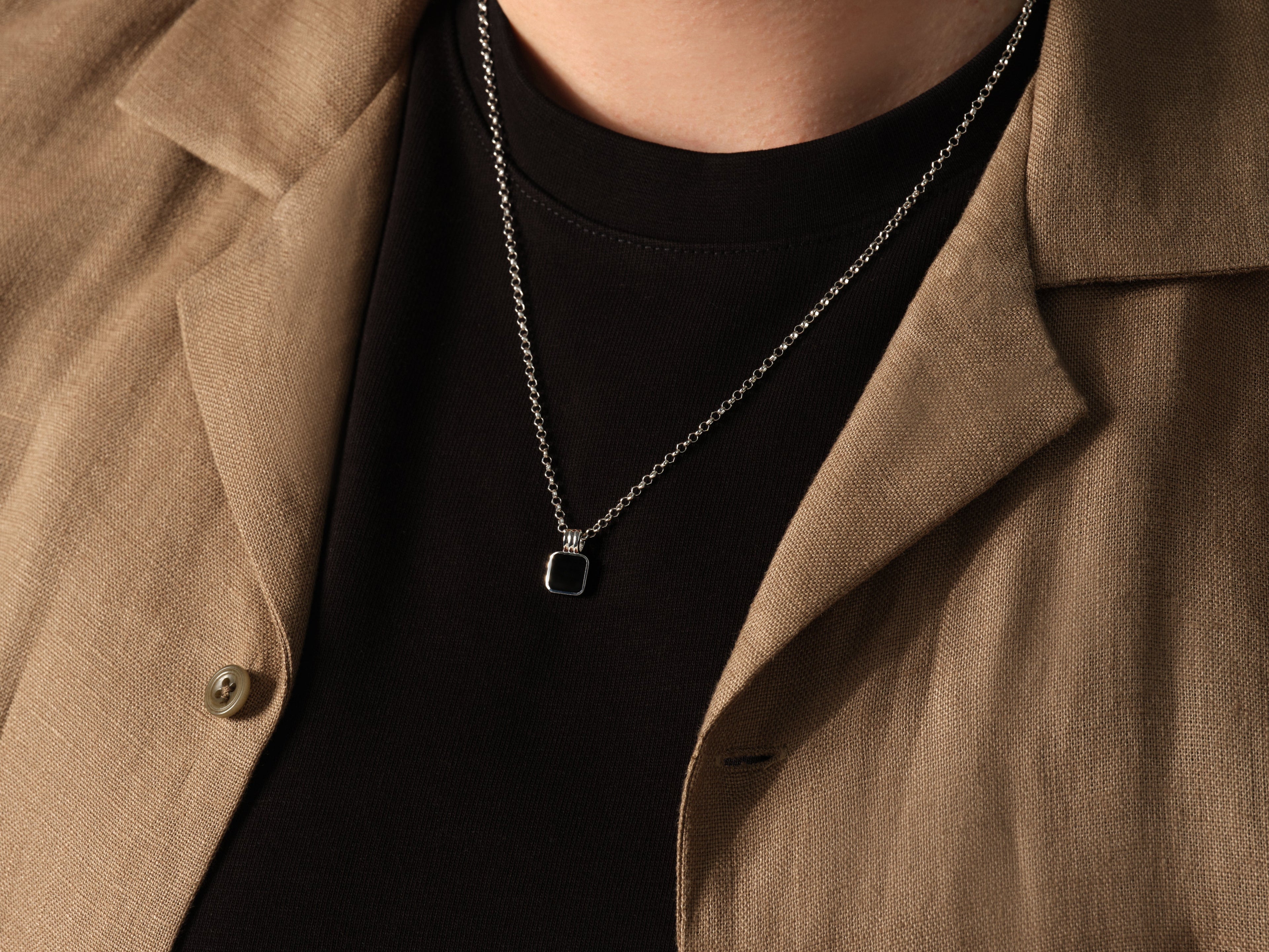 Black Enamel Square Pendant Necklace - Gold Vermeil