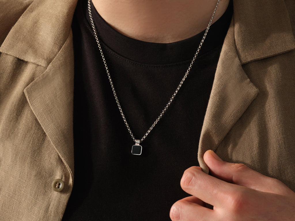 Black Enamel Square Pendant Necklace - Gold Vermeil