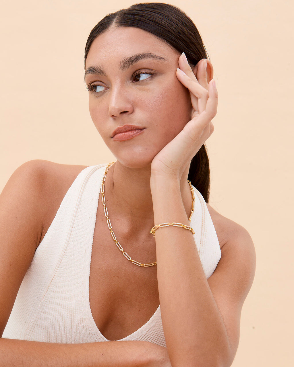 Paperclip Chain Rectangle Pave Link Bracelet - 18k Gold Vermeil