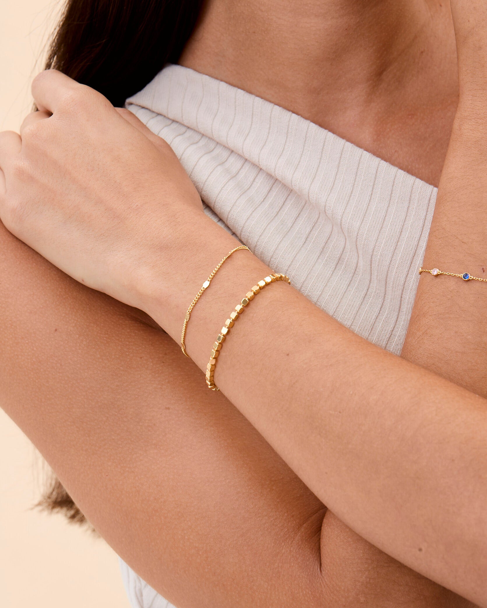 Cube Bead & Mini Bead Chain Bracelet Set - 18k Gold Vermeil