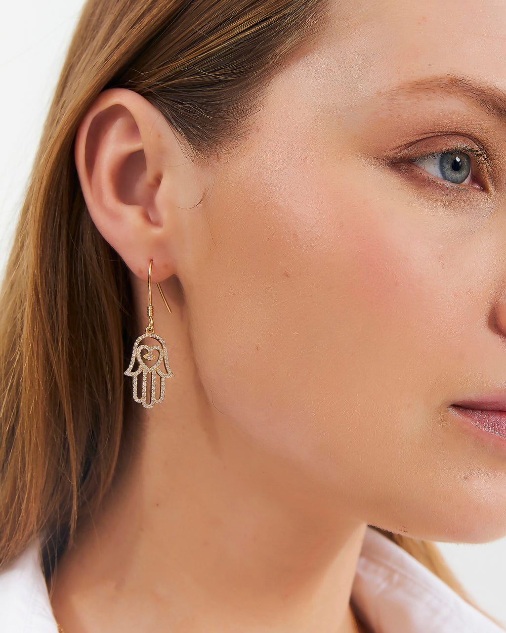 CZ Hamsa Hand Earrings, Dangle Jewelry - Gold Vermeil