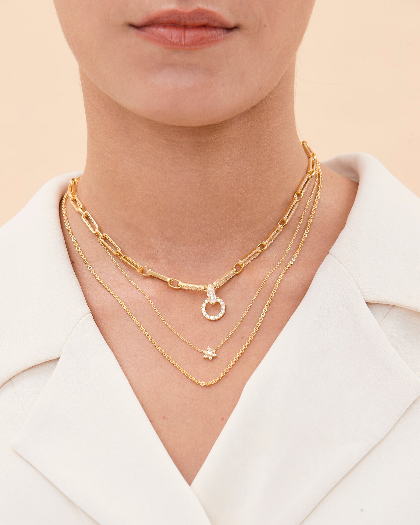 Layered Rectangle Pave Link & Toggle Necklace Set - 18k Gold Vermeil