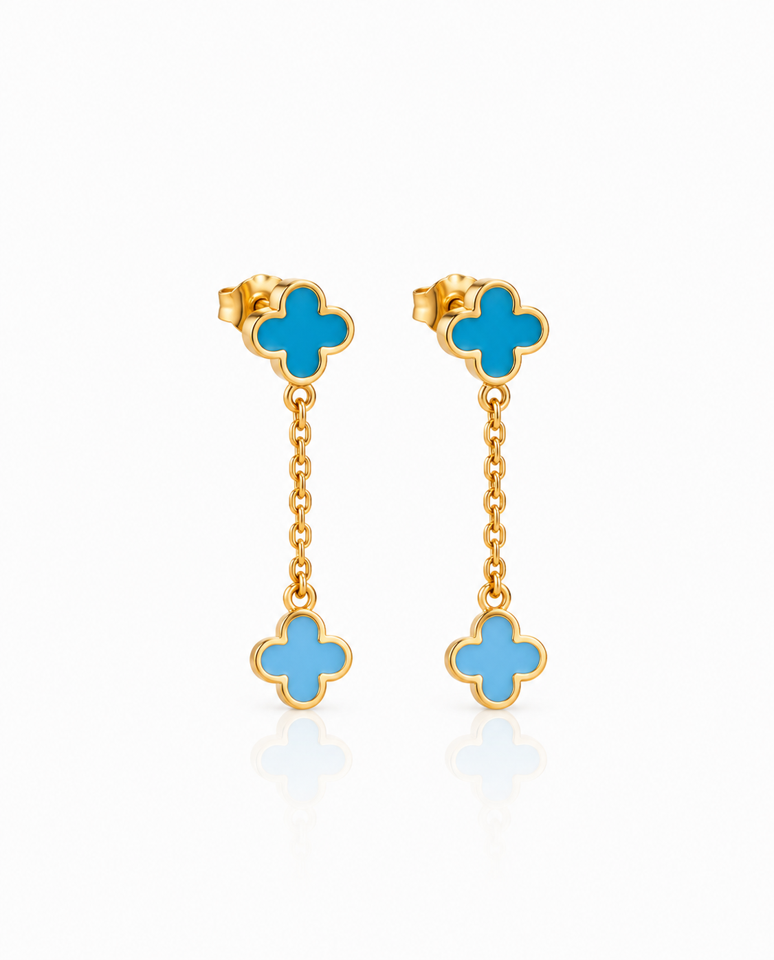 Blue Clover Gold Dangle Earrings - Enamel Drop Studs