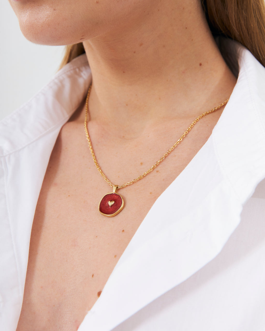 925k Red Enamel Heart Pendant Necklace - 18k Gold Vermeil