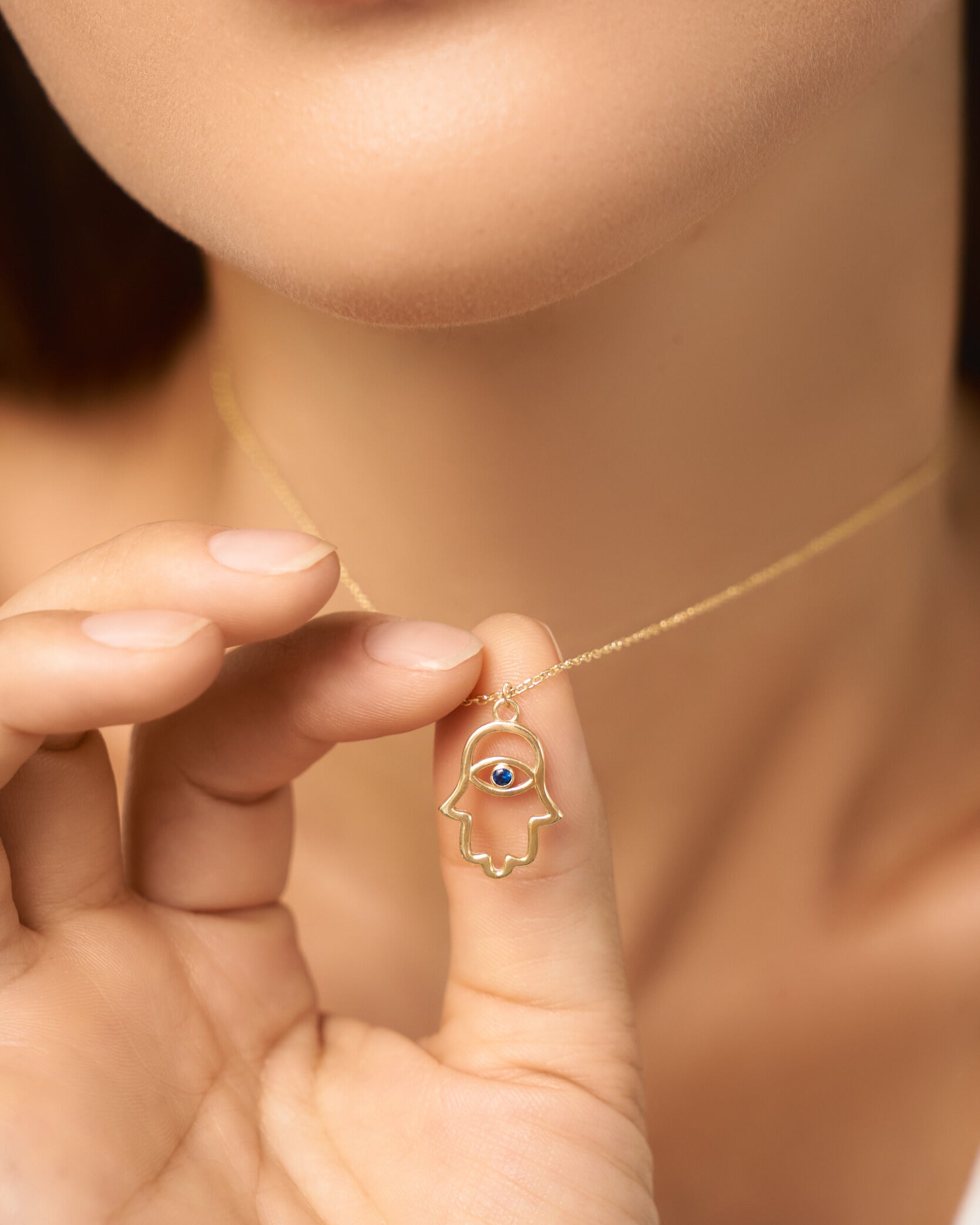 Sapphire Hamsa Hand Necklace, Protection Amulet - 925k Sterling Silver