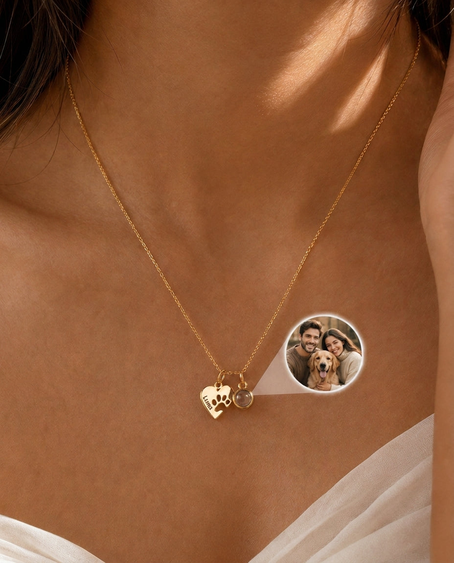 Custom Paw Print Photo Projection Heart Necklace