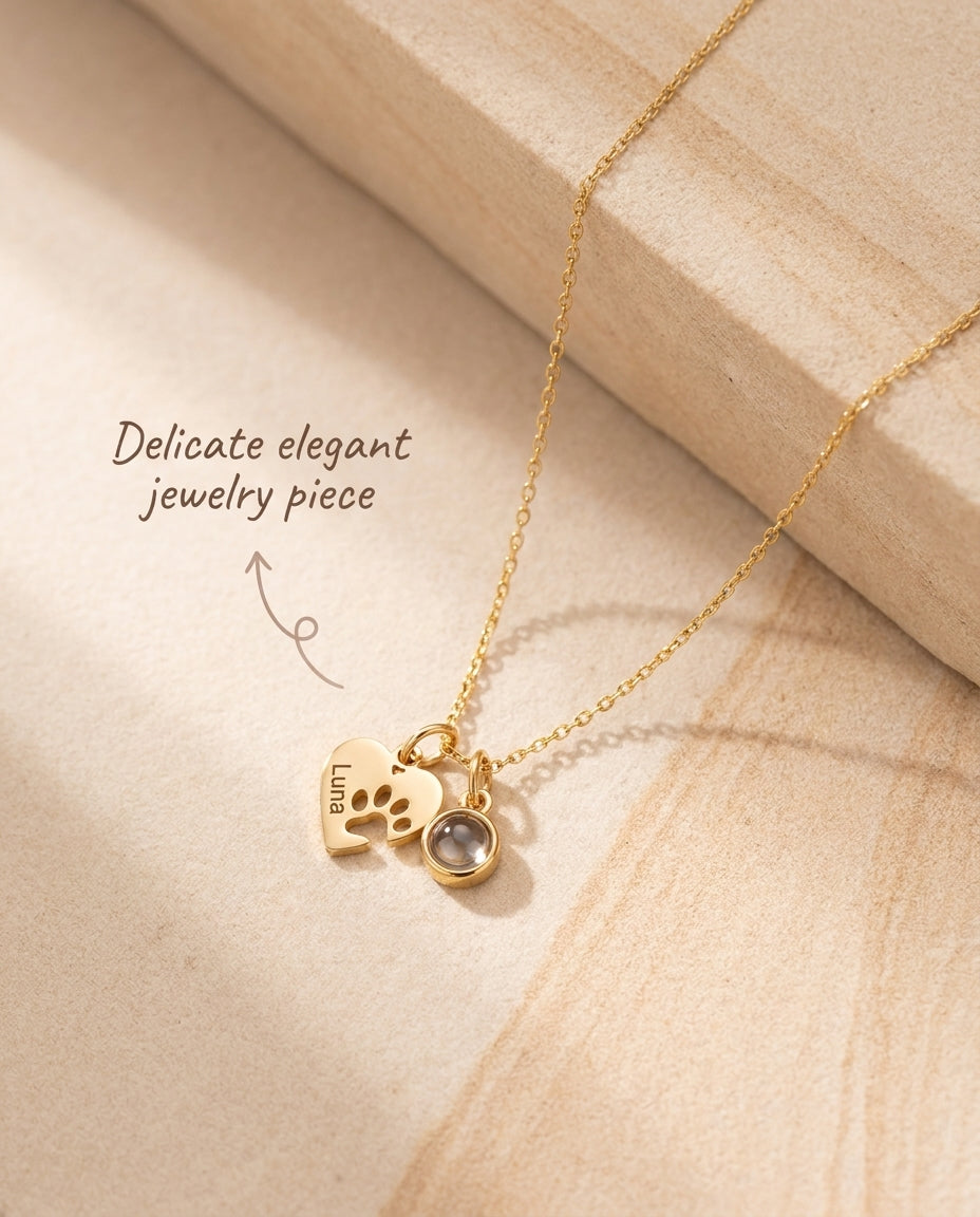 Custom Paw Print Photo Projection Heart Necklace