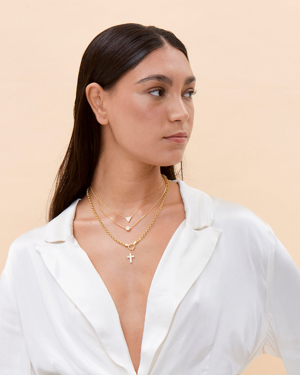 Elegant Cross Pendant & Geometric Charm Layered Necklace Set - 18k Gold Vermeil