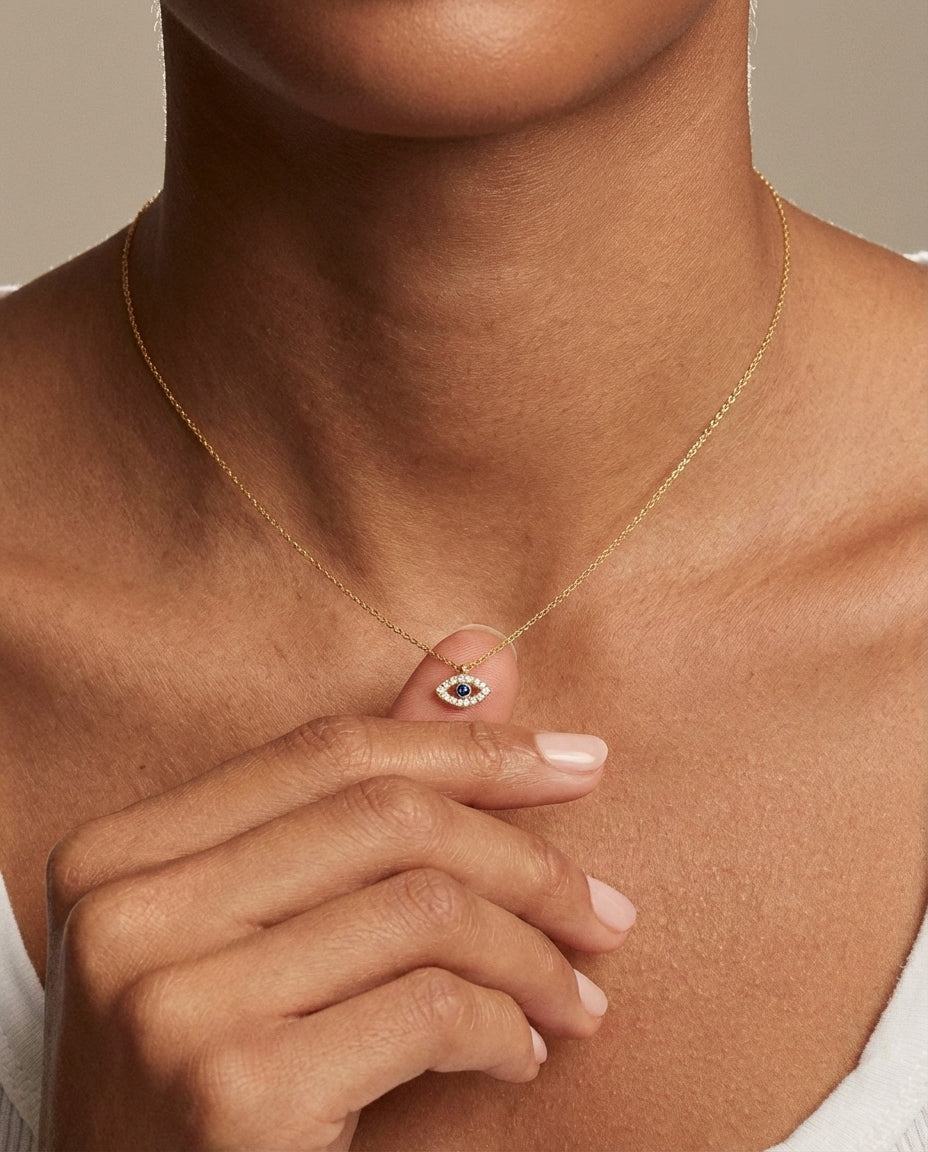 Dainty Diamond Evil Eye Necklace in 14k Gold