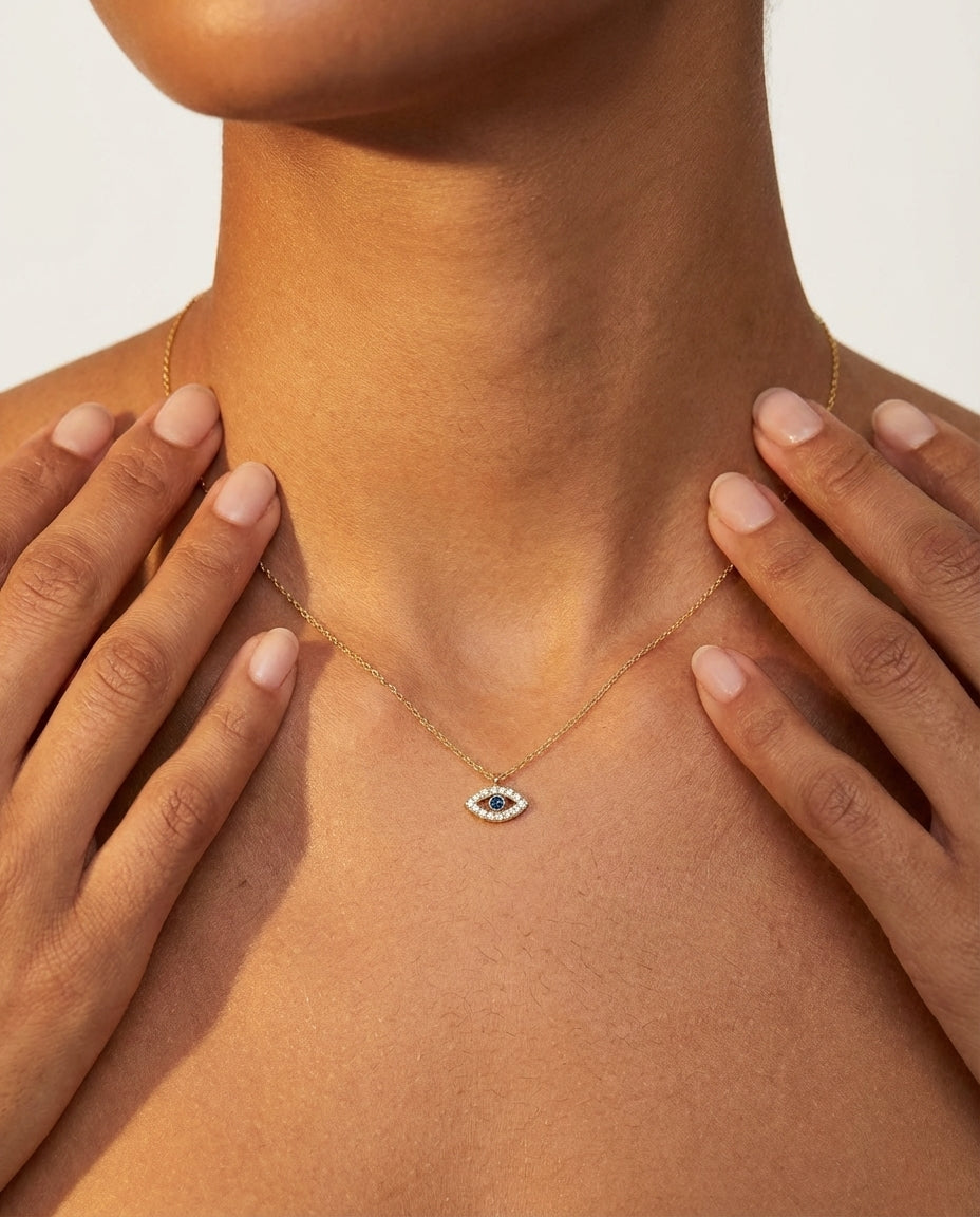 Dainty Diamond Evil Eye Necklace in 14k Gold