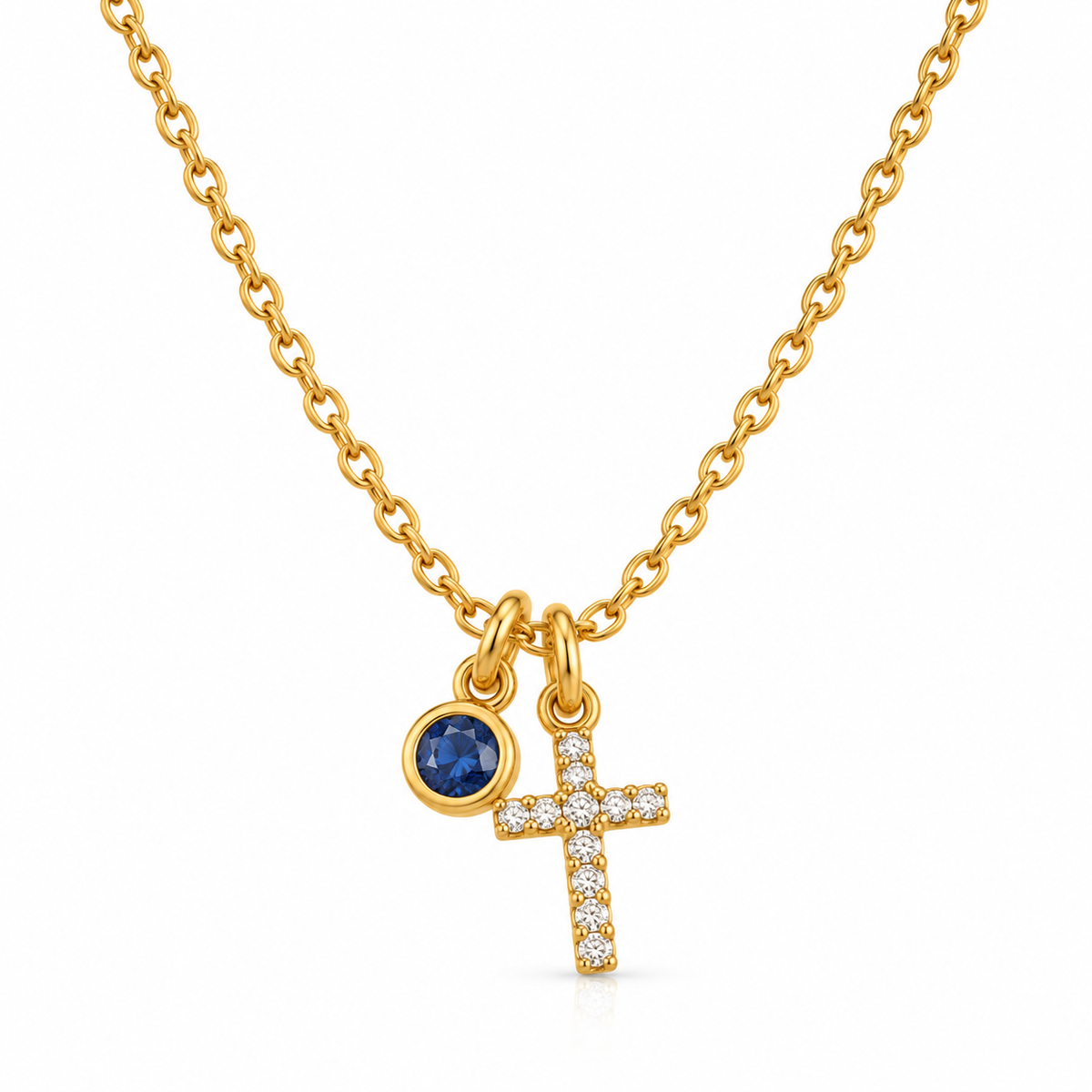 Dainty Gold Cross Necklace with Sapphire Accent