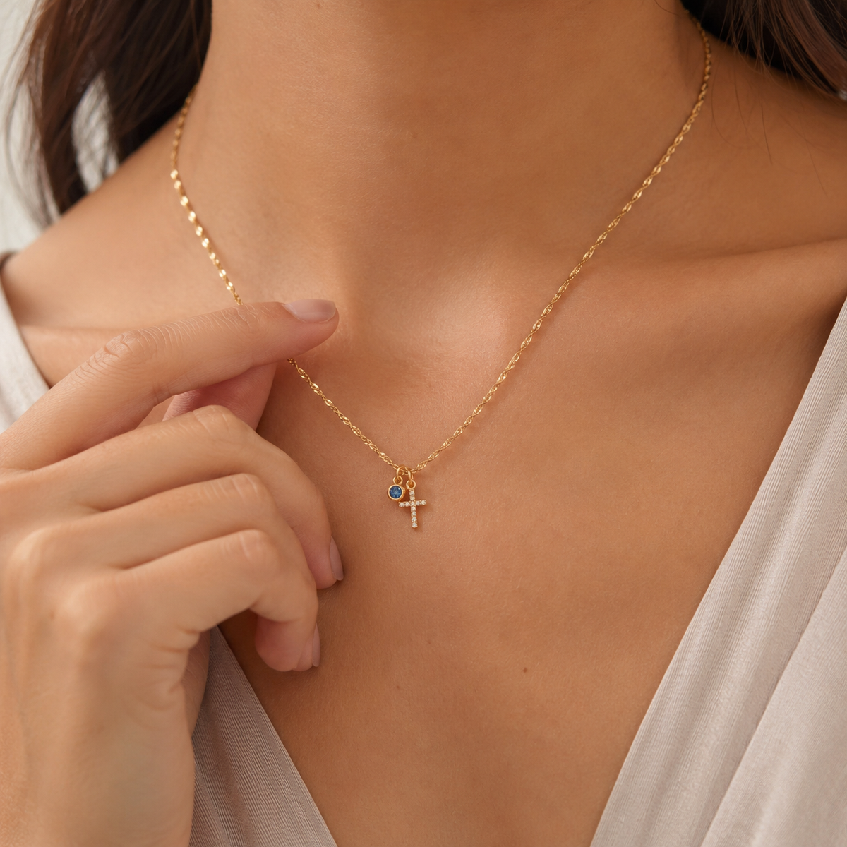 Dainty Gold Cross Necklace with Sapphire Accent