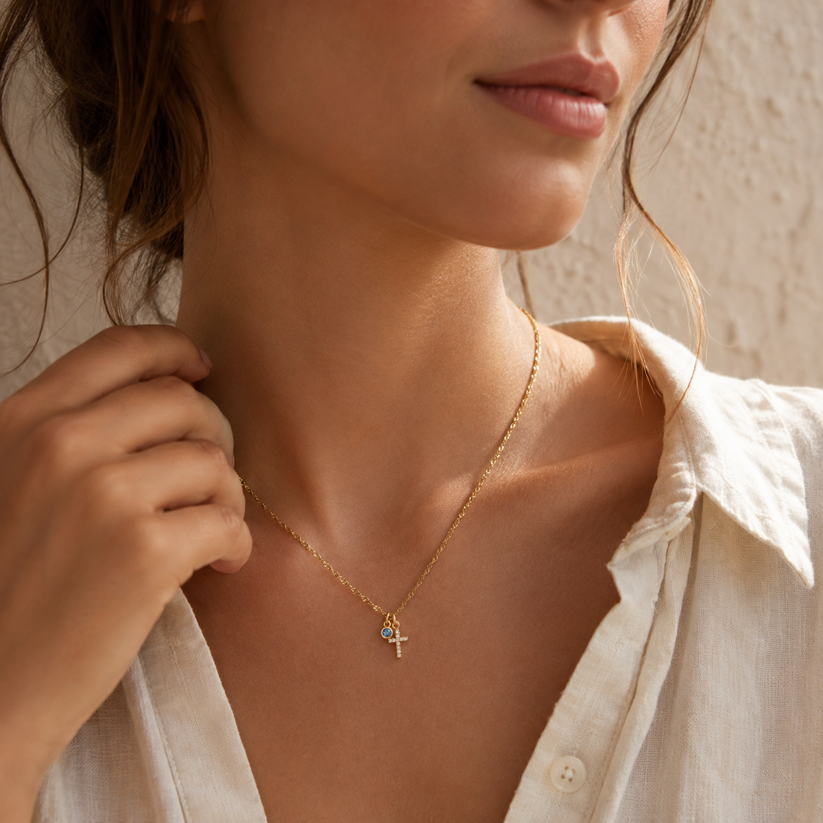 Dainty Gold Cross Necklace with Sapphire Accent