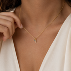 Dainty Gold Cross Necklace with Sapphire Accent