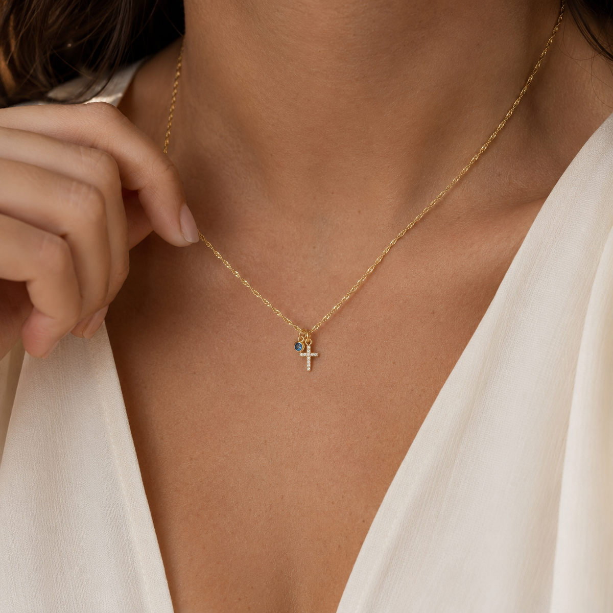 Dainty Gold Cross Necklace with Sapphire Accent