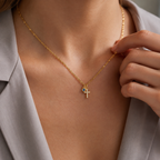 Dainty Gold Cross Necklace with Sapphire Accent