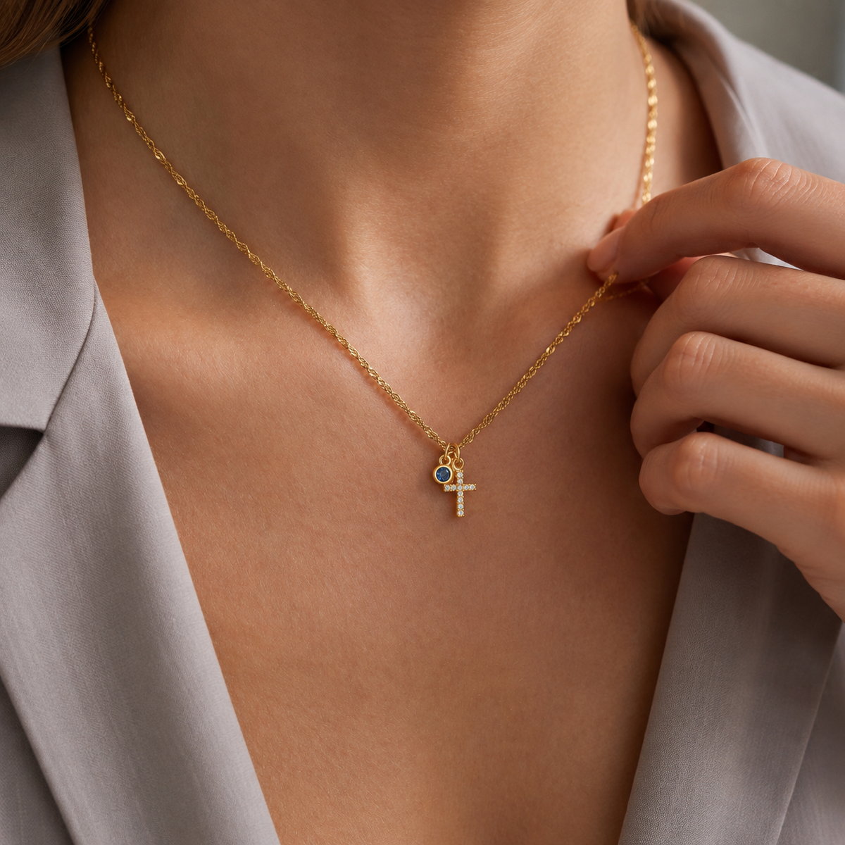 Dainty Gold Cross Necklace with Sapphire Accent