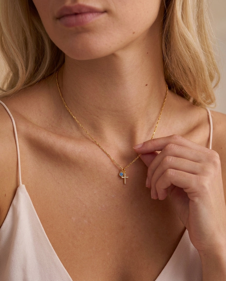 Dainty Gold Cross Necklace with Sapphire Accent