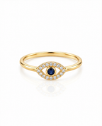 Dainty Gold Evil Eye Ring with Diamond & Sapphire
