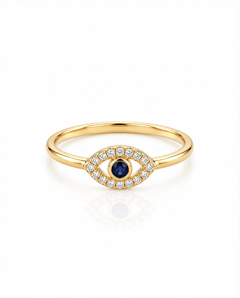 Dainty Gold Evil Eye Ring with Diamond & Sapphire