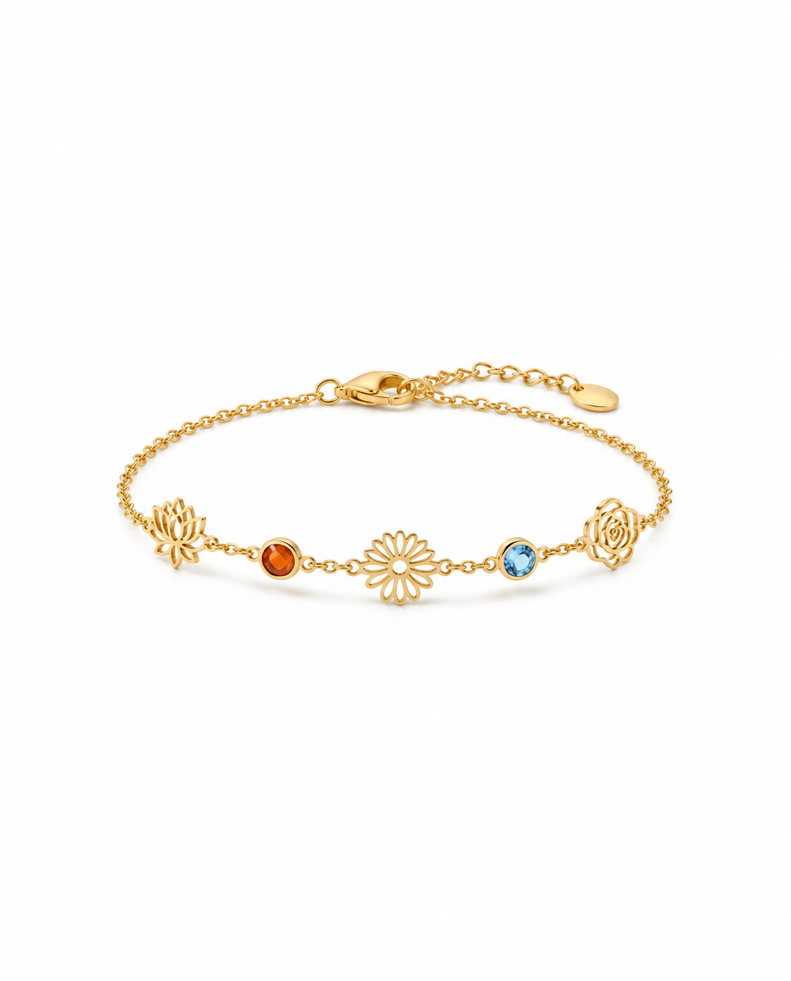 Dainty Gold Flower Charm Bracelet with Gemstones