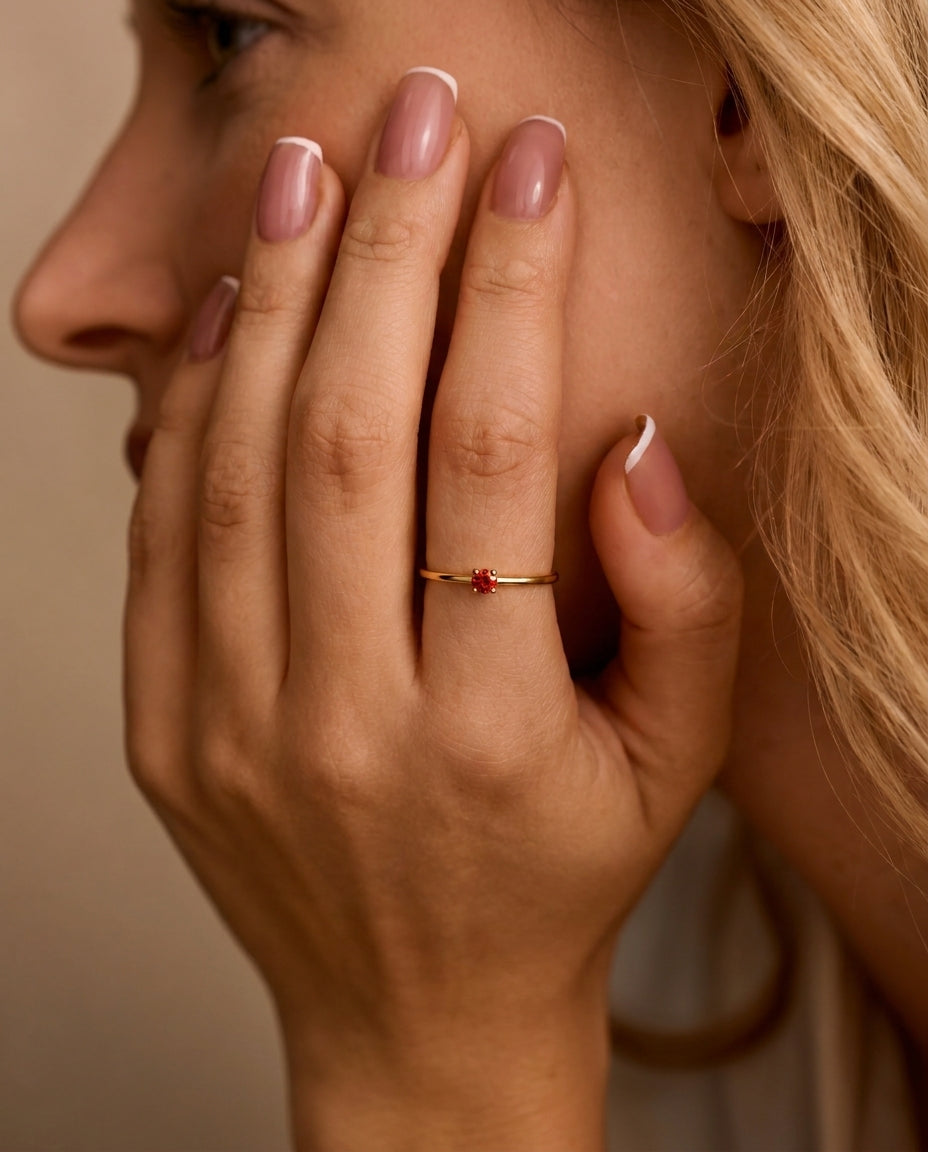 Dainty Gold Solitaire Ring with Square Red Gemstone