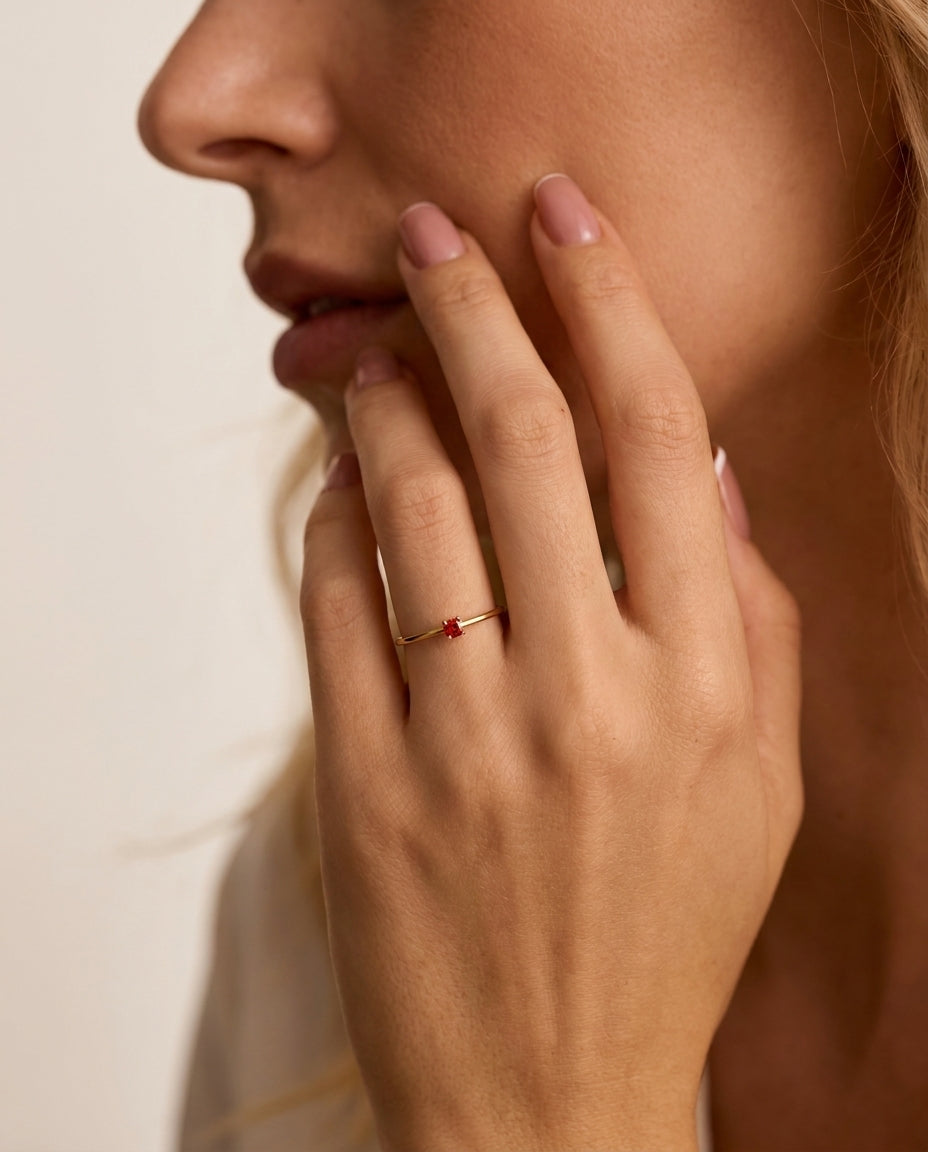 Dainty Gold Solitaire Ring with Square Red Gemstone