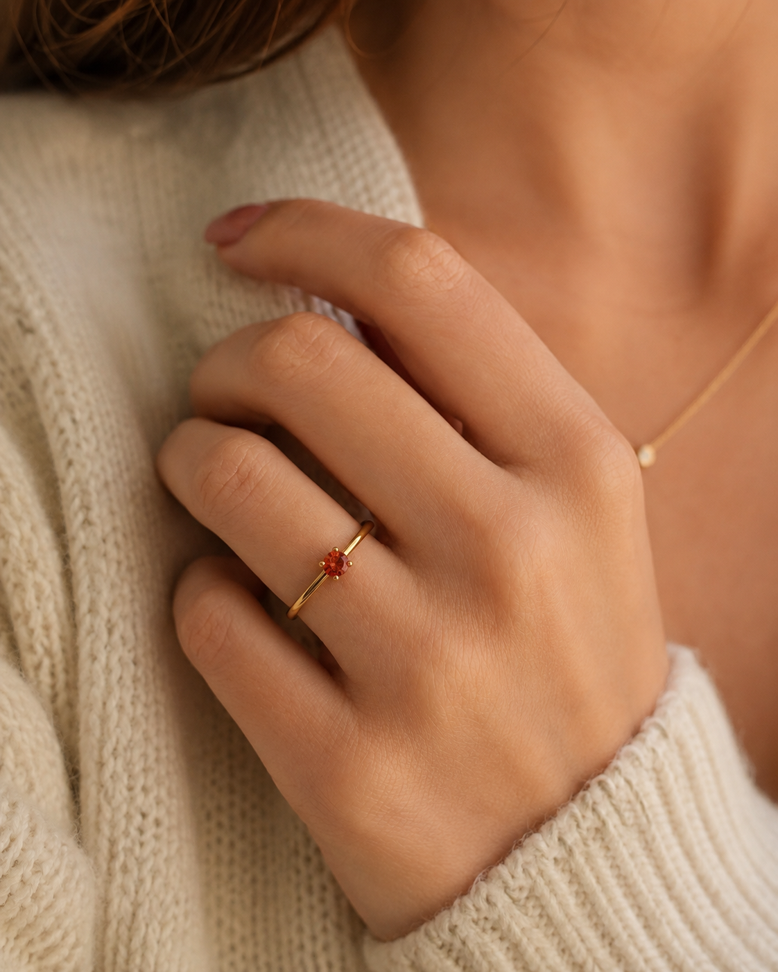 Dainty Gold Solitaire Ring with Square Red Gemstone