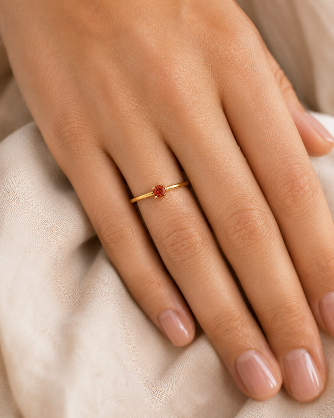 Dainty Gold Solitaire Ring with Square Red Gemstone