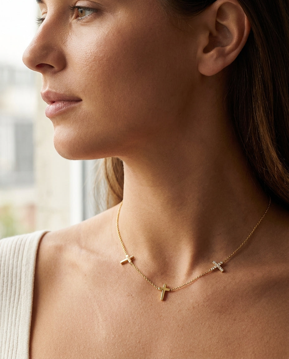 Dainty Triple Cross Necklace in Gold & Pavé Diamond